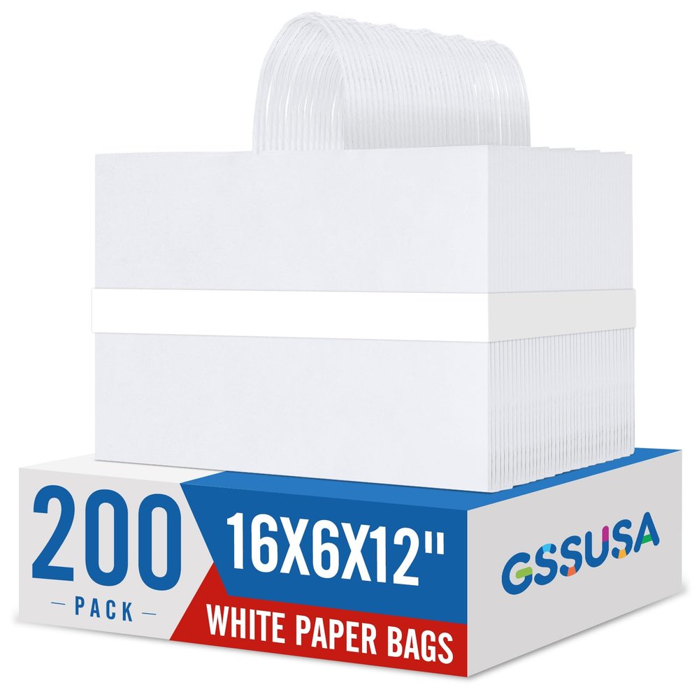 GSSUSA Large White Paper Bags 16x6x12'' 200Pcs Recycled Gift Bags Kraft Bag With Handles For Business, Party, Boutique, Retail, Wedding, Shopping, Halloween, Christmas