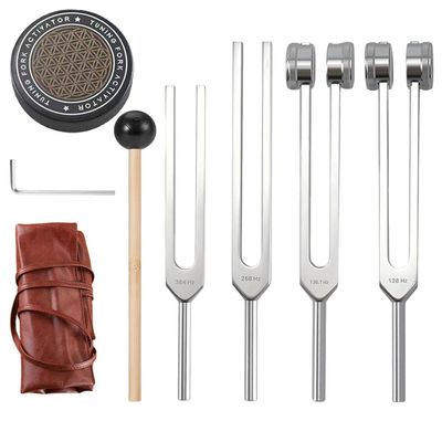 Healing Tuning Forks Set - 128Hz, 136.1Hz, 256Hz, 384Hz - Includes Ice Hockey Activator, Silicone Hammer & Leather Pouch for Sound Therapy, Chakra Balancing & Energy Healing