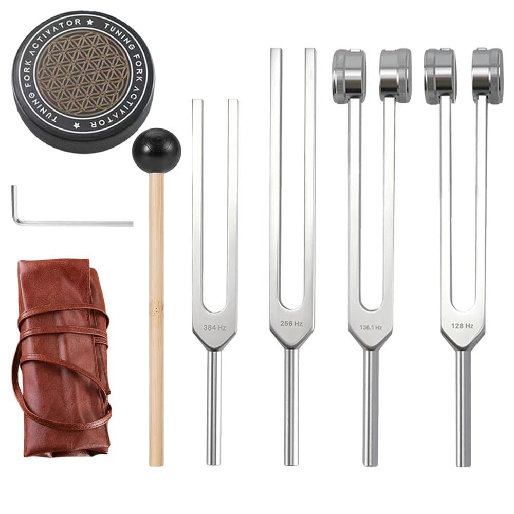 Healing Tuning Forks Set - 128Hz, 136.1Hz, 256Hz, 384Hz - Includes Ice Hockey Activator, Silicone Hammer & Leather Pouch for Sound Therapy, Chakra Balancing & Energy Healing