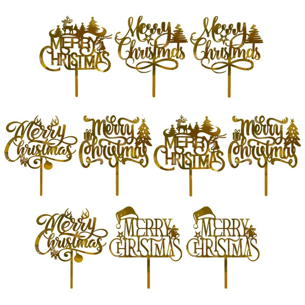 Verherer 10Pcs Gold Acrylic Christmas Cake Toppers