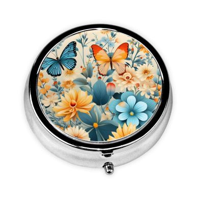 Vintage Butterfly Flowers Round Pill Box with 3 Compartments, Mini Metal Pill Organizer for Purse or Pocket, Lightweight Portable for Daily Use Gifts Travel