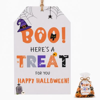 50PCS Halloween Paper Tags with String, 2.2"x3.3" Boo Treat Tags for Candy Bags, Pumpkin Cat Bat Design, Party Favor for Halloween Decorations