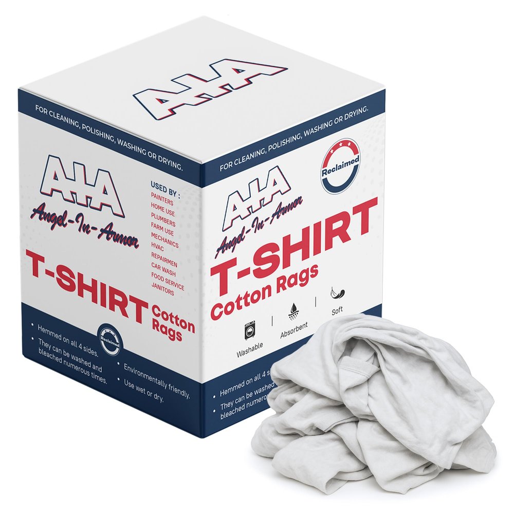 Angel-in-Armor White T-Shirt Rags 25lb Bulk Box of Recycled Cotton Knit Shop Rags (325 Units) Low Lint Cleaning Cloths for Mechanics, Oil Changes, Industrial and Commercial Use