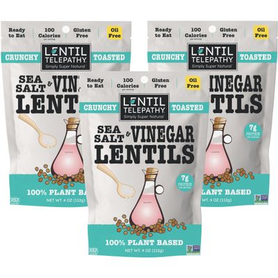 Lentil Telepathy Sea Salt & Vinegar Crunchy Whole Lentil Snack, OIL FREE, Never Fried, Plant Based, Gluten Free, 4 oz Bags, 3 Pack