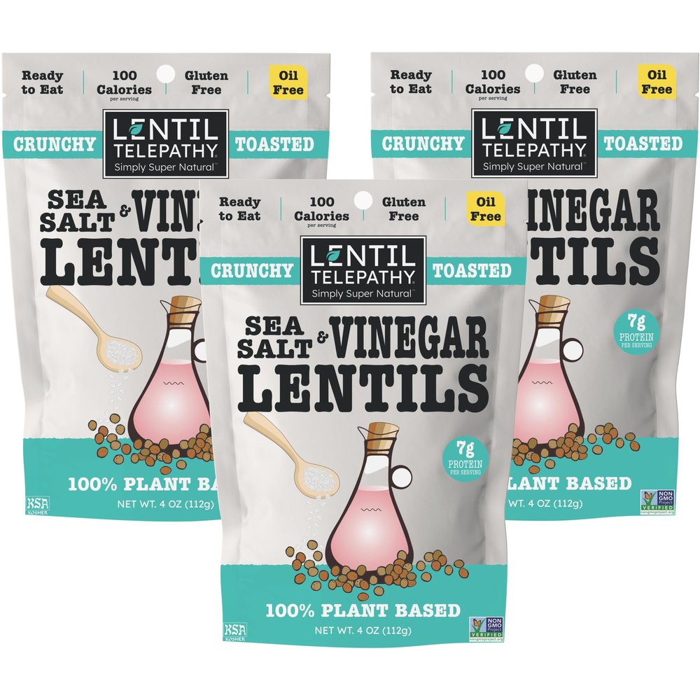 Lentil Telepathy Sea Salt & Vinegar Crunchy Whole Lentil Snack, OIL FREE, Never Fried, Plant Based, Gluten Free, 4 oz Bags, 3 Pack