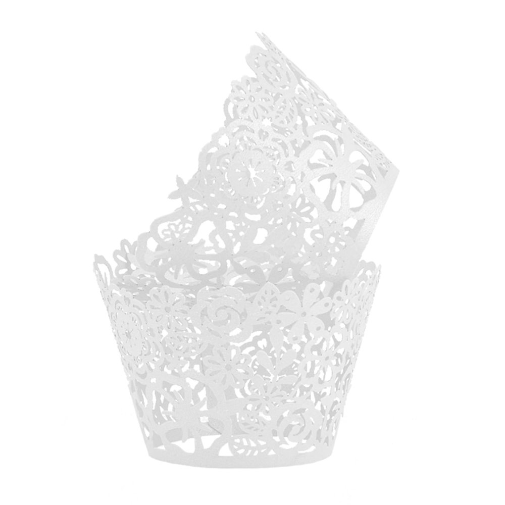 100pcs Cupcake Wrapper FLOWERS pattern latticework lacework Artistic of Cupcake Wraps Liner Baking Cup Muffin Case Trays for Wedding Birthday Party Decoration (White)