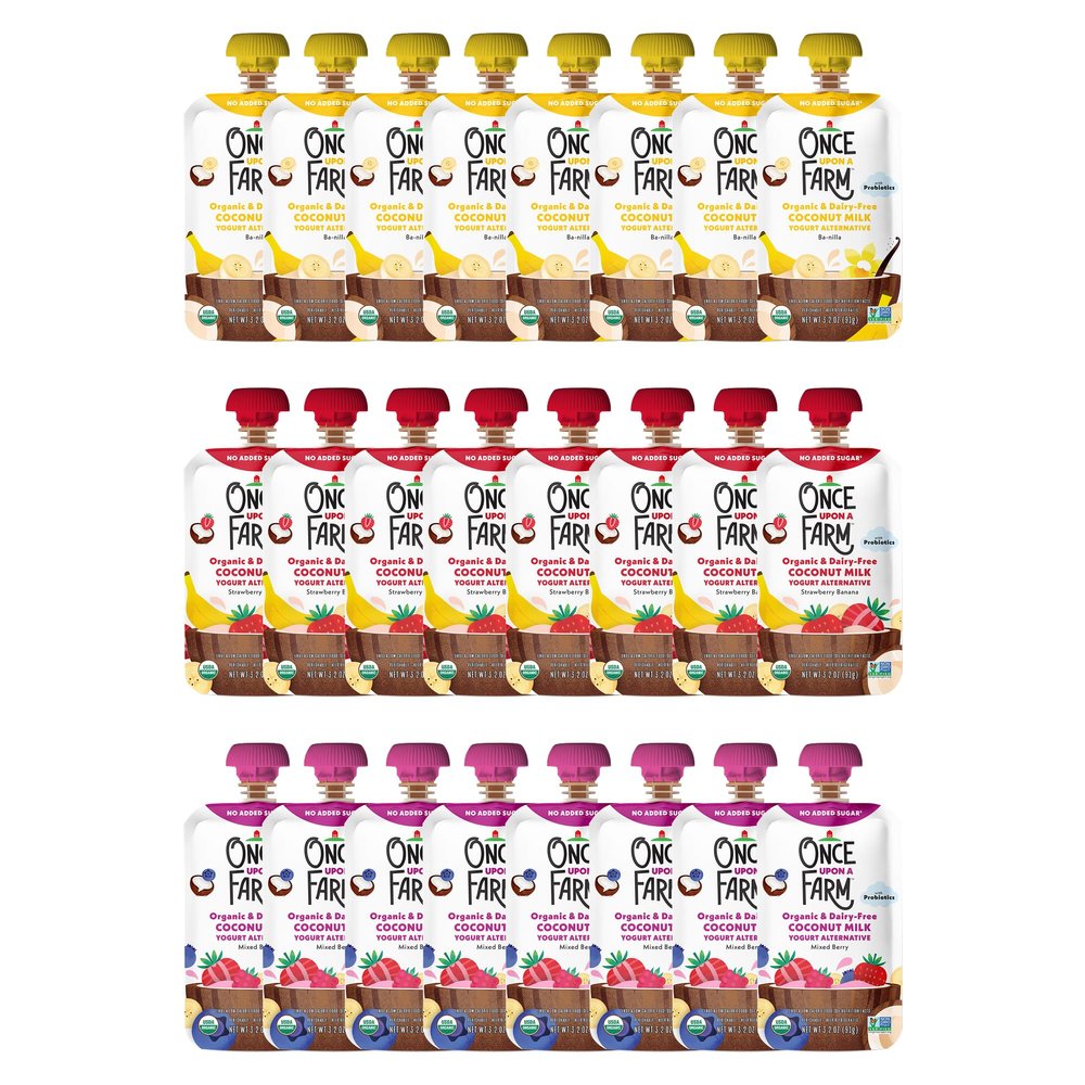 Once Upon a Farm Pouches, Coconut Milk Yogurt Alternative Variety Pack, Banana, Strawberry, Blueberry, Raspberry, USDA Certified Organic, Non-GMO, Cold-Pressure Protected, No Sugar Added, Variety Pack of 24