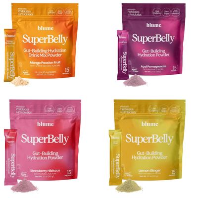 Blume SuperBelly Gut Health + Hydration, Daily Sugar Free Probiotics, Prebiotic Fiber, and Electrolytes Powder Packets for Digestion Support, Variety Pack - Strawberry, Aai, Mango, Lemon, 60 Sticks