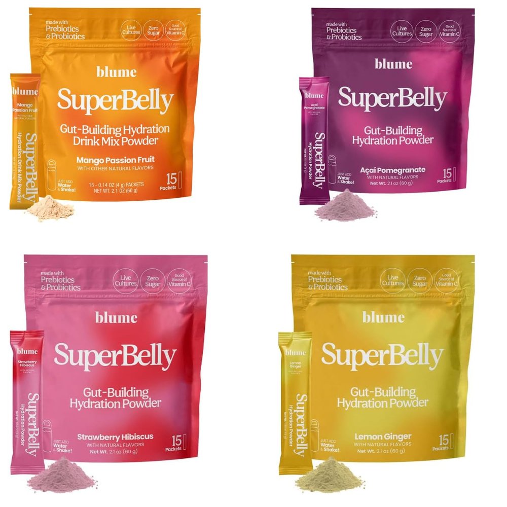 Blume SuperBelly Gut Health + Hydration, Daily Sugar Free Probiotics, Prebiotic Fiber, and Electrolytes Powder Packets for Digestion Support, Variety Pack - Strawberry, Aai, Mango, Lemon, 60 Sticks