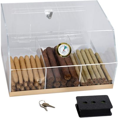Prestige Import Group Laurence V2 Countertop Transparent Acrylic Display Case Humidor with 3 Bins and Hygrometer - Stores up to 75 Cigars