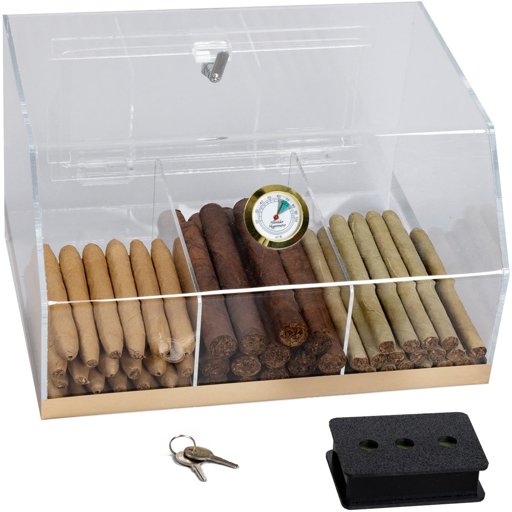 Prestige Import Group Laurence V2 Countertop Transparent Acrylic Display Case Humidor with 3 Bins and Hygrometer - Stores up to 75 Cigars