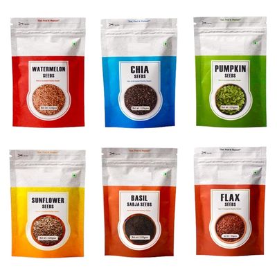26.45oz All Raw Seeds Combo Pack of 6-750g | Chia, Pumpkin, Sunflower, Flax, Watermelon & Basil 125g Each | Mix Superfoods for Eating Rich in Antioxidants Vitamins & Minerals
