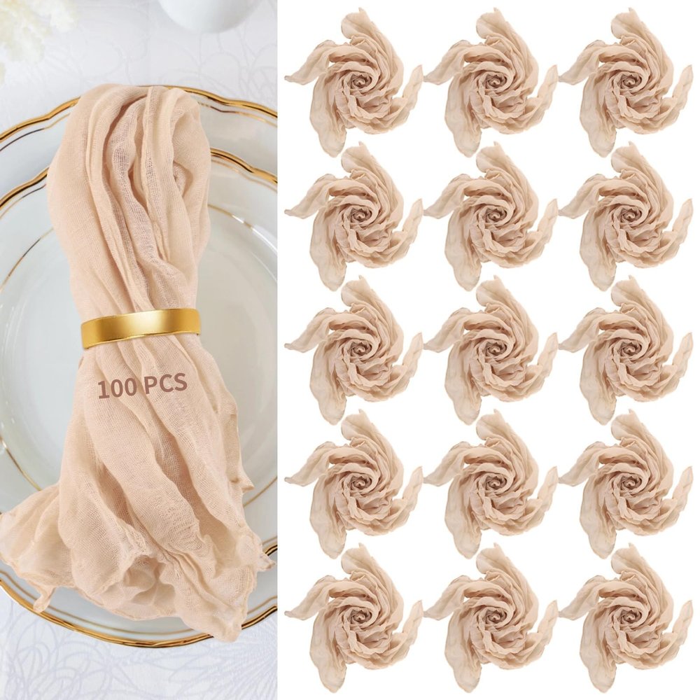 100 Pcs Khaki Tan Wrinkled Cheesecloth Napkins, 20 X 18 Inches Semi-Transparent Dinner Cloths for Special Occasions