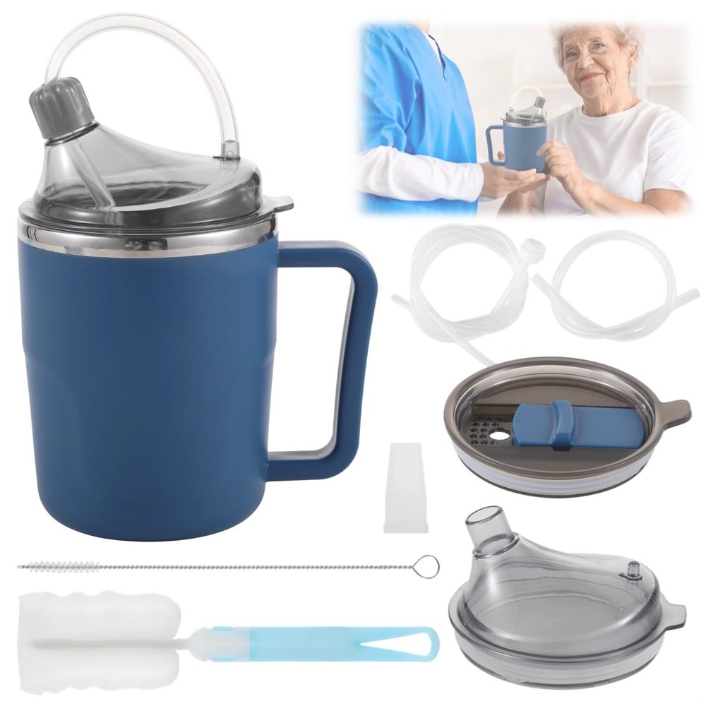 13.5 Oz Leakproof Mug with Straws & Brushes for Elderly, Non-Spill Sippy Cup for Bedridden Patients, Comfortable Feeding Mug