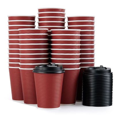 14oz Paper Coffee Cups with Lids (100-Pack) - Insulated Double Wall Ripple Wall To Go Cups for Hot & Cold Drinks, Bulk Disposable Supply for Office Cafe Restaurant Red Horizontal Stripe