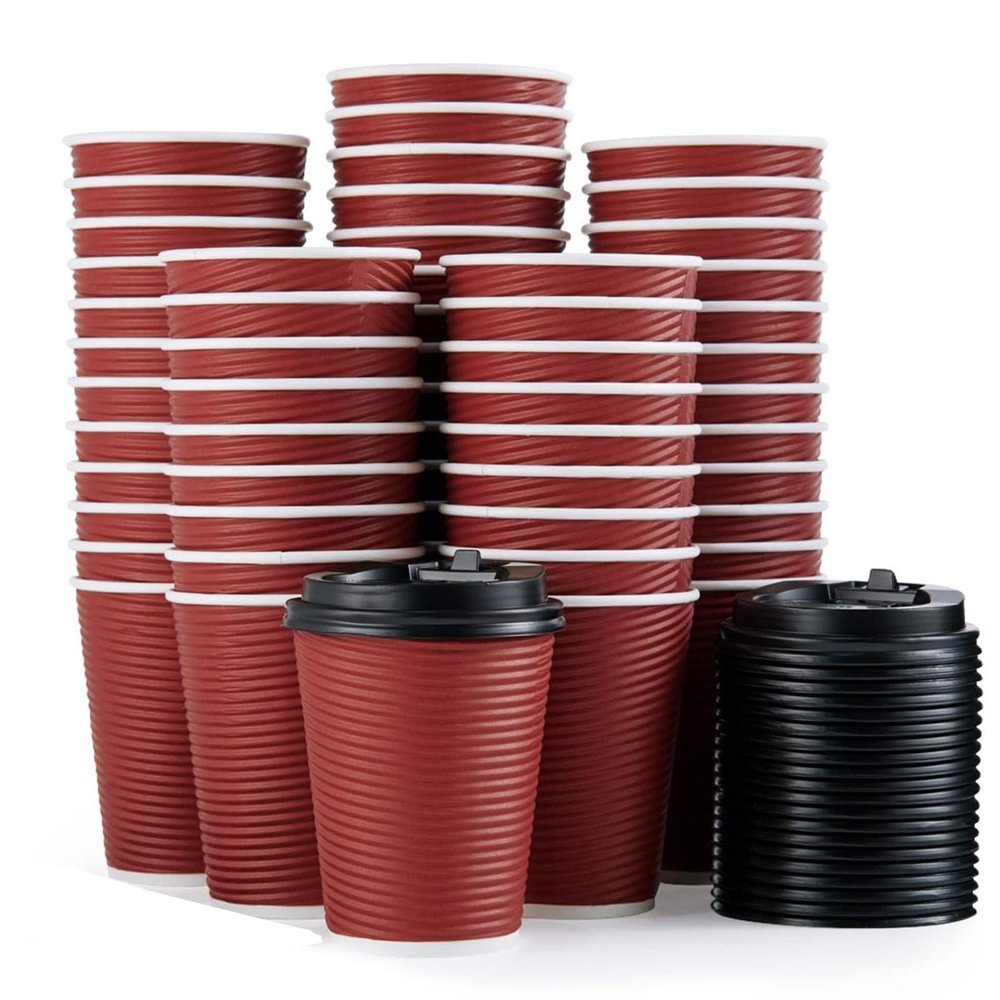 14oz Paper Coffee Cups with Lids (100-Pack) - Insulated Double Wall Ripple Wall To Go Cups for Hot & Cold Drinks, Bulk Disposable Supply for Office Cafe Restaurant Red Horizontal Stripe