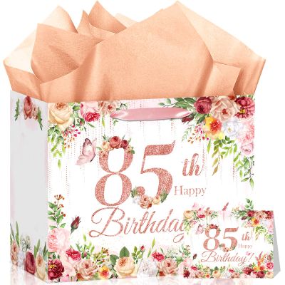 Peconal 85th Birthday Gift Bag Flower Rose Gold 85th Birthday Gift Wrapping Paper Bag for Women Her Cheers to Eighty-five Years Old Party Favors Supplies