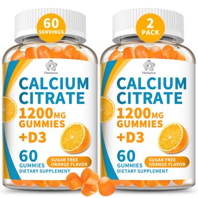 (2 Pack) Calcium Citrate 1200 mg Gummies with Vitamin D3, High Absorption Calcium Supplements for Women & Men, Sugar Free, Non-GMO, Gluten Free, Supports Muscle & Immune - Orange Flavor