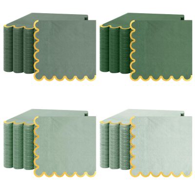 100 Pack Scalloped Napkins Disposable, Cocktail Napkins with Gold Foil, 5 x 5inch Green Napkins for Baby Shower, Bridal Wedding, Birthday Party,Dinner Party Decorations (Green)