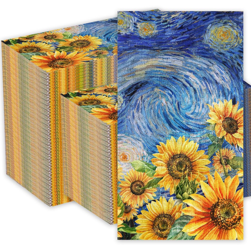 200 Paper Napkins Starry Night Sunflowers Disposable Guest Paper Napkins Decorative Hand Towels Cocktail Napkins Guest Hand Towels for Bathroom Wedding Birthday Party Baby Shower Lunch Dinner Kitchen