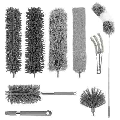 10Pcs Feather Duster Set,Extendable Bendable Microfiber Head Washable Ceiling Fan Duster,Dusters for Cleaning with Extension Pole for Cleaning Ceiling Chandelier, Furniture