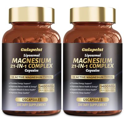 2 Packs Liposomal 1400mg Magnesium Complex (Citrate, Glycinate, Malate etc) Capsule - 12 Active Types Magnesium with Vitamin D3, B6, B12, C, Ashwagandha & CoQ10 for Women & Men -Support Bone & Muscle