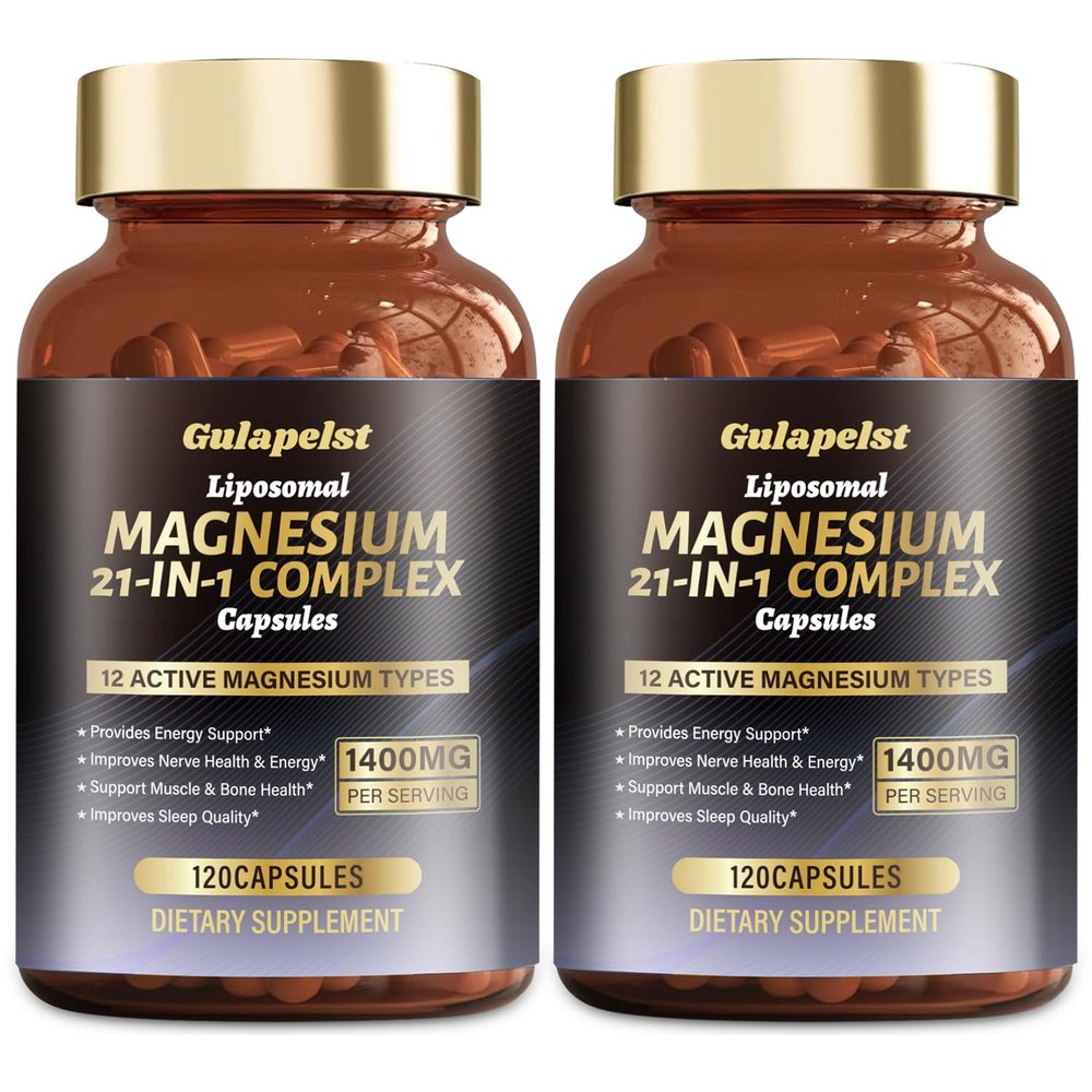 2 Packs Liposomal 1400mg Magnesium Complex (Citrate, Glycinate, Malate etc) Capsule - 12 Active Types Magnesium with Vitamin D3, B6, B12, C, Ashwagandha & CoQ10 for Women & Men -Support Bone & Muscle