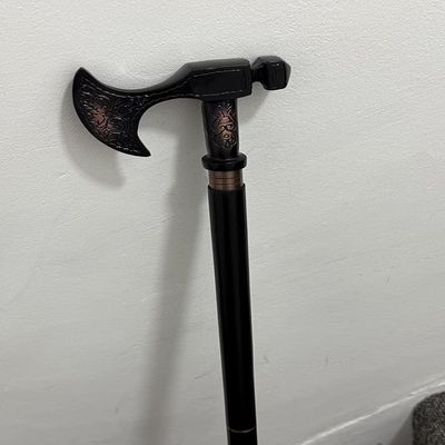 Antique Stick Viking Axe Walking Stick, Red Wood Handle, Two-Fold Design, 37 Inches, Black