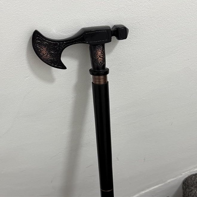 Antique Stick Viking Axe Walking Stick, Red Wood Handle, Two-Fold Design, 37 Inches, Black