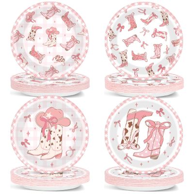 Wiooffen 48 PCS Bow Cowgirl Paper Plates Cowgirl Pink Bow Party Dessert Dinner Plates Western Party Tableware for Girl Bachelorette Birthday Parties Decorations Supplies