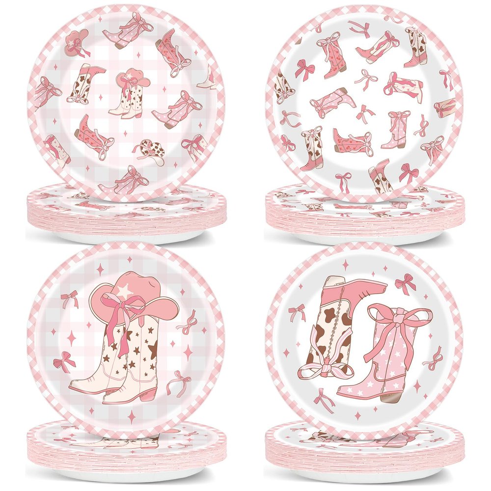 Wiooffen 48 PCS Bow Cowgirl Paper Plates Cowgirl Pink Bow Party Dessert Dinner Plates Western Party Tableware for Girl Bachelorette Birthday Parties Decorations Supplies