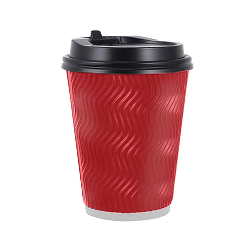 100-Pack 14oz Paper Coffee Cups with Lids - Double Wall Insulated Ripple To Go Cups, Hot/Cold Drink Bulk Supply for Restaurant Cafe Office Red Vertical Stripe