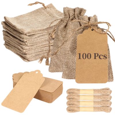 100 Pcs Burlap Drawstring Gift Bags, Linen Sacks With 100 Kraft Paper Tags & Twine, Small Reusable Pouches For Wedding Favors, Jewelry Packaging