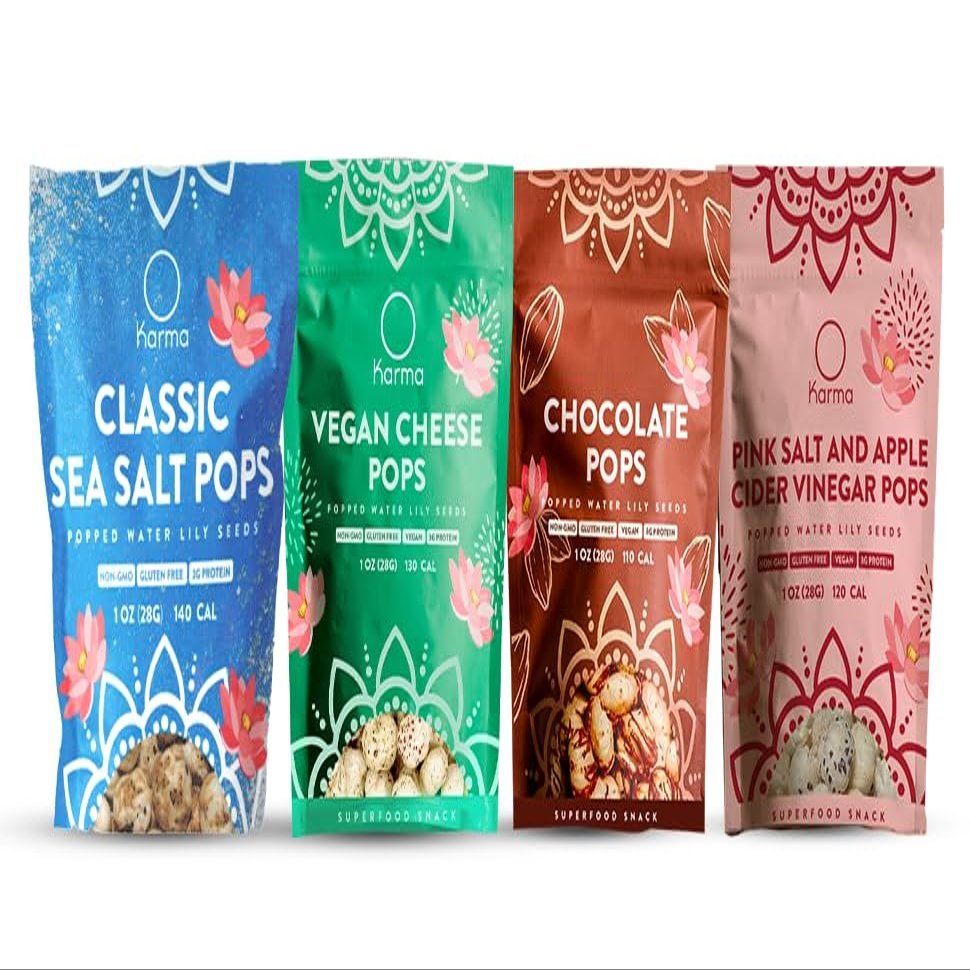 Karma Popped Water Lily Seeds Sweet & Comfort Variety Pack | Chocolate, Vegan Cheese, Apple Cider Vinegar & Classic Sea Salt | Ayurvedic Superfood Snack | Vegan, Gluten-Free, High Protein | 4-Crunchy Everyday Snack Pack