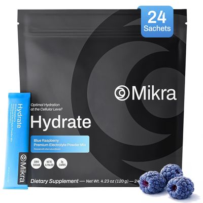 Mikra Hydrate Electrolytes Powder Packets, Sugar Free Hydration Powder Sticks, Naturally Flavored Electrolyte Drink Mix for Needed Hydration Support, Daily Wellness & Workout, Blue Raspberry, 24 Pack