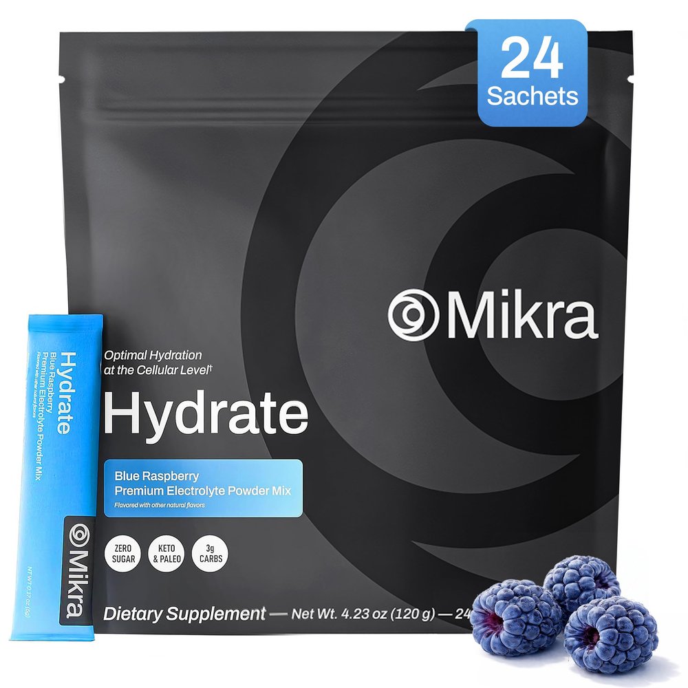 Mikra Hydrate Electrolytes Powder Packets, Sugar Free Hydration Powder Sticks, Naturally Flavored Electrolyte Drink Mix for Needed Hydration Support, Daily Wellness & Workout, Blue Raspberry, 24 Pack