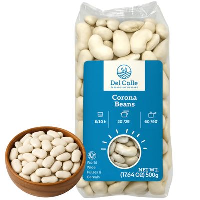 Del Colle Corona Beans (Gigante Beans) Premium Giant Dried White Beans, Dry Bagged Beans for Cooking, Soups, Salads & Side Dishes 1.1 lb (500g), Product of Italy (Pack of 1)
