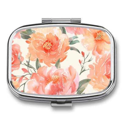 Peach Peony Pill Case Portable Pill Organizer with 2 Compartment Moisture Proof Metal Travel Pill Box Medication, Fish Oil and Supplements