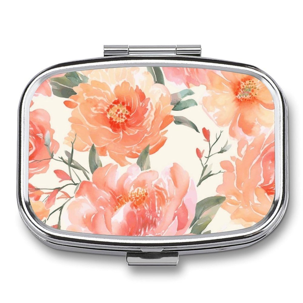Peach Peony Pill Case Portable Pill Organizer with 2 Compartment Moisture Proof Metal Travel Pill Box Medication, Fish Oil and Supplements