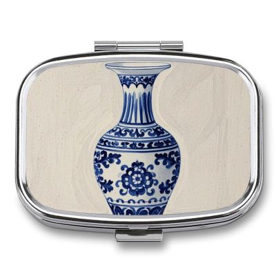Chinese Blue Porcelain Vase Pill Case Portable Pill Organizer with 2 Compartment Moisture Proof Metal Travel Pill Box Medication, Fish Oil and Supplements