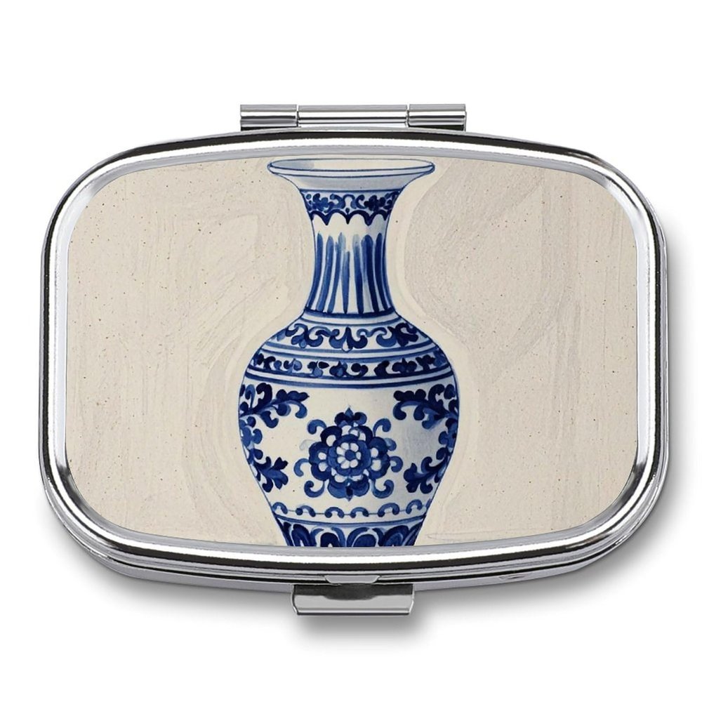 Chinese Blue Porcelain Vase Pill Case Portable Pill Organizer with 2 Compartment Moisture Proof Metal Travel Pill Box Medication, Fish Oil and Supplements