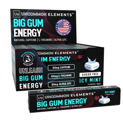 BIG GUM ENERGY & FOCUS 80mg Caffeine + 40mg L-Theanine + 80mg Alpha GPC Nootropic Chewing Gum for Focus, Energy & Execution Icy Mint 75 Pieces (15 Packs) Gym & Work Execution.