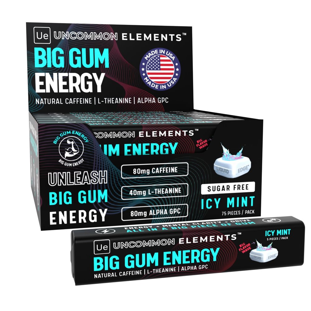 BIG GUM ENERGY & FOCUS 80mg Caffeine + 40mg L-Theanine + 80mg Alpha GPC Nootropic Chewing Gum for Focus, Energy & Execution Icy Mint 75 Pieces (15 Packs) Gym & Work Execution.