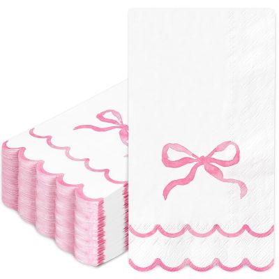 Whaline 50Pcs Watercolor Bow Guest Napkins Pink Scalloped Disposable Paper Napkins Dinner Hand Napkin Towel for Coquette Birthday Baby Shower Party Table Bathroom Supplies