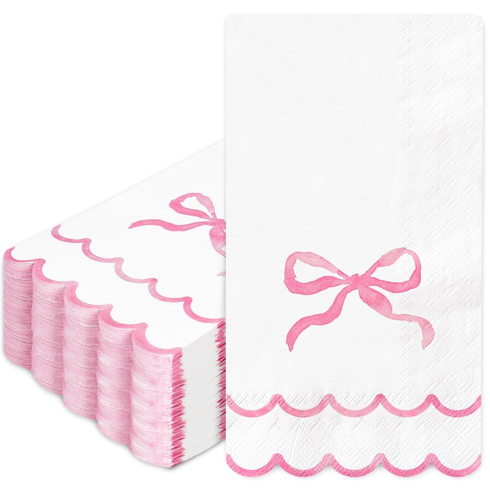 Whaline 50Pcs Watercolor Bow Guest Napkins Pink Scalloped Disposable Paper Napkins Dinner Hand Napkin Towel for Coquette Birthday Baby Shower Party Table Bathroom Supplies