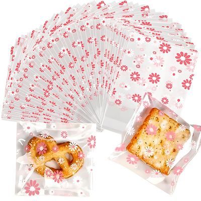 100 PCS Pink White Daisy Cookie Bags Self-Sealing Candy Bags for Treats Biscuits Desserts Cute Flower Cellophane Bags for Cookies Clear Plastic Goodies Bag Party Gift Bag Cookie Packaging Supplies