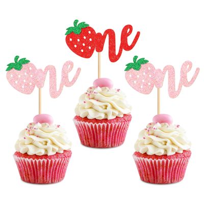 Ercadio 24 Pack Strawberry Cupcake Toppers Glitter First Birthday Strawberry Cake Picks for Fruit Baby Shower 1st Birthday Berry Sweet Cupcake Decorations Party Decor Supplies