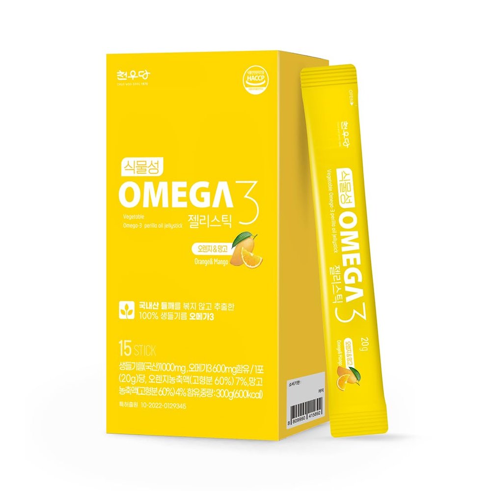 Chunwoodang Plant-Based Omega-3 Jelly Stick with Korean Perilla Oil (0.7 oz x 15 Sticks) (0.7 oz x 15 Sticks, Orange&Mango)
