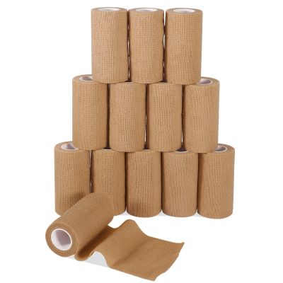 12 Pack Self Adhesive Bandage Wrap, 2 x 5 Yards Cohesive Medical Tape Elastic Grip Tape Black Sports Tape Athletic for Ankle, Wrist Sprains, Pet First Aid (12pcs-Brown, 4 Inch)