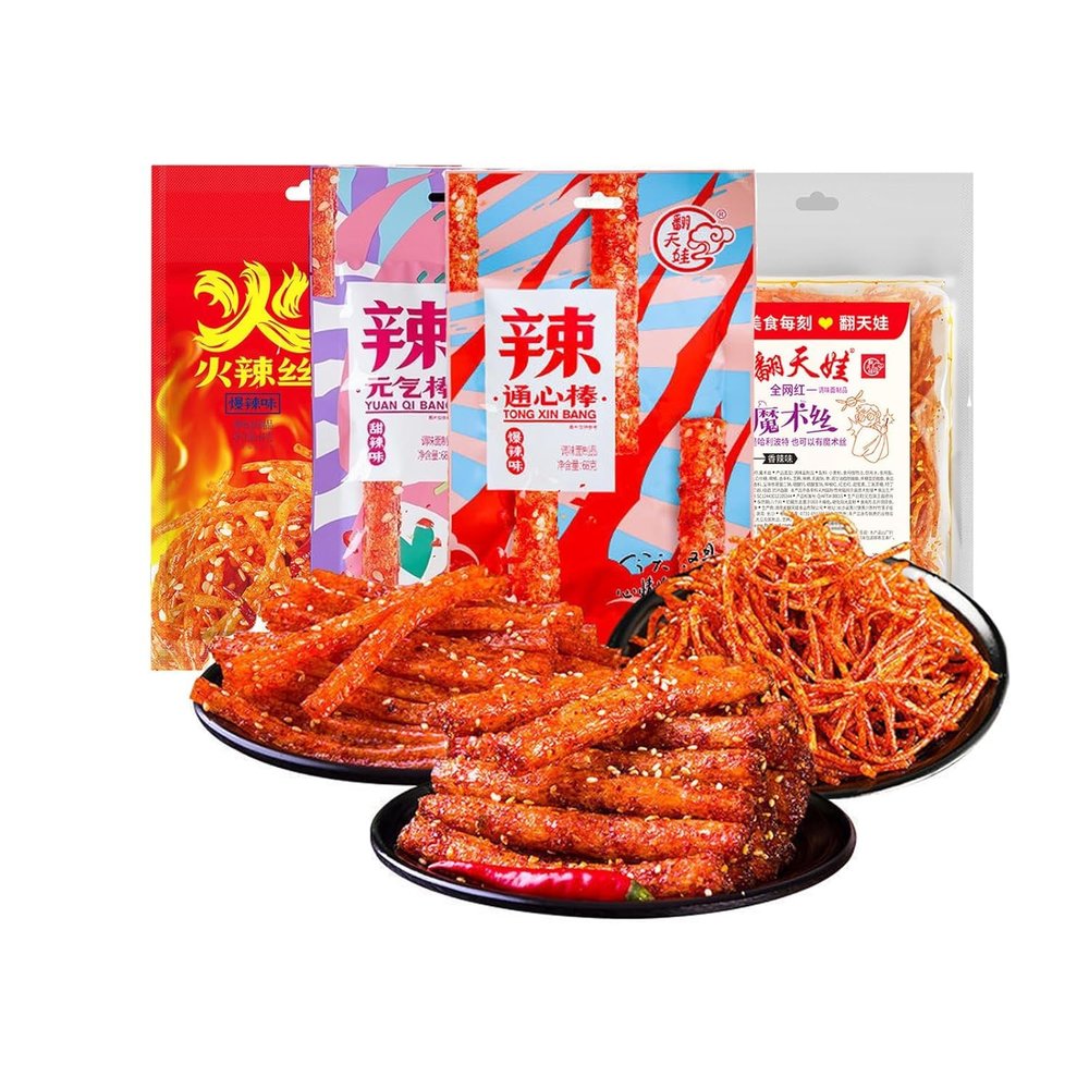4 Flavours Latiao Spicy Strips,Super Spicy Tongxin Stick,Spicys Shreds Spicys Stick,Gluten Latiao,Classic Chinese Special Snack Food,for Officecasual Snack,(4 Pack)